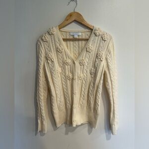 BUNULU cream v neck button down cardigan with rose details size M/L
